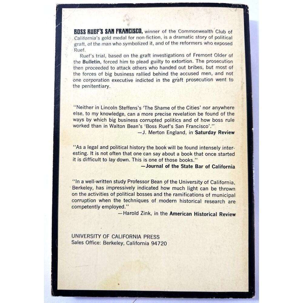 Boss Ruef’s San Francisco Walton Bean 1968 Paperback UC Press Political History - Picture 5 of 9